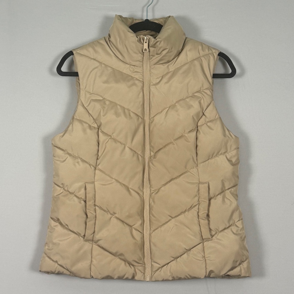 Cole Haan Puffer Vest Women Small Tan New No Tags Chevron Quilted Zip Up